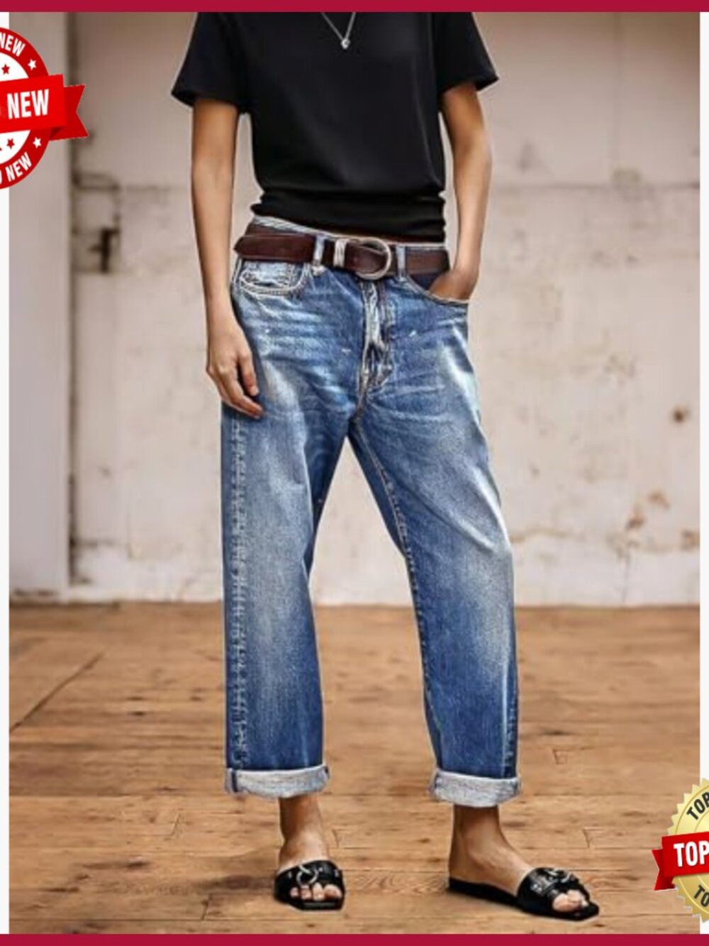 Straight Leg Cropped Jeans Mid Rise Boyfriend Fit Roll Hem Denim Pants - Picture 2 of 7